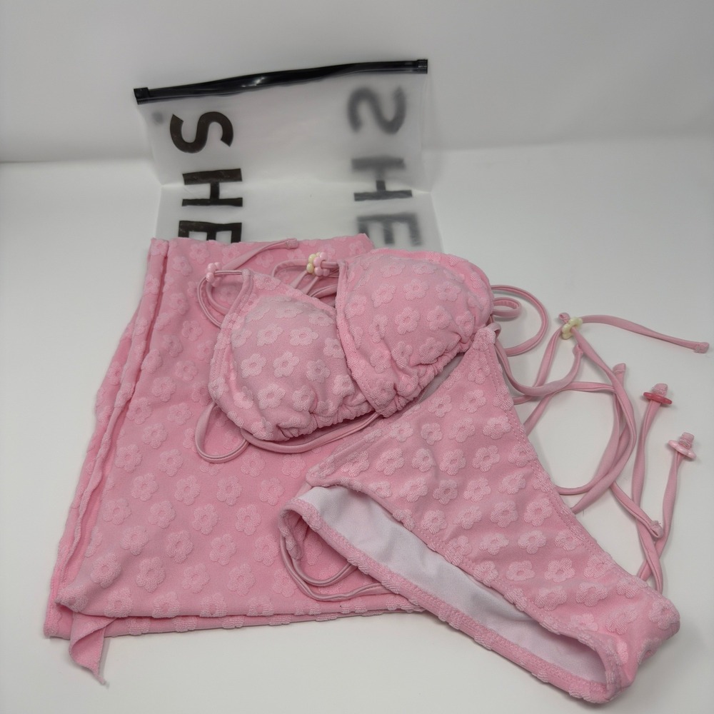 SHEIN Pink Floral Textured 3 Piece Bikini Set with Sarong Cover Up Small - Picture 5 of 8